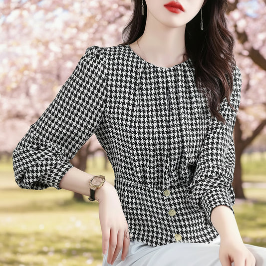 Front view of the Chanel-style houndstooth pullover blouse women's sleeveless top
