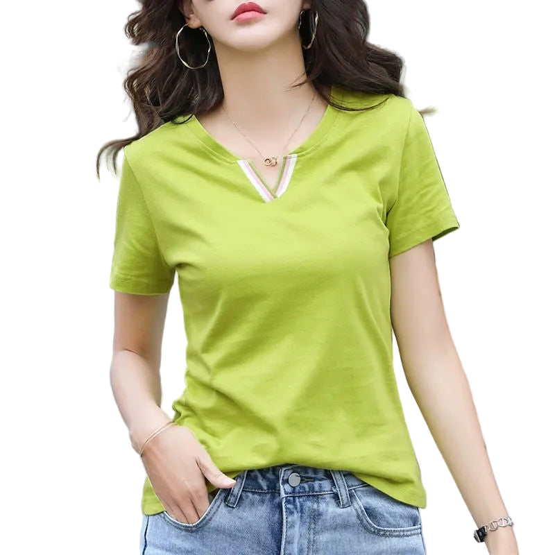Back view of the Korean style slim-fit V-neck t-shirt for women
