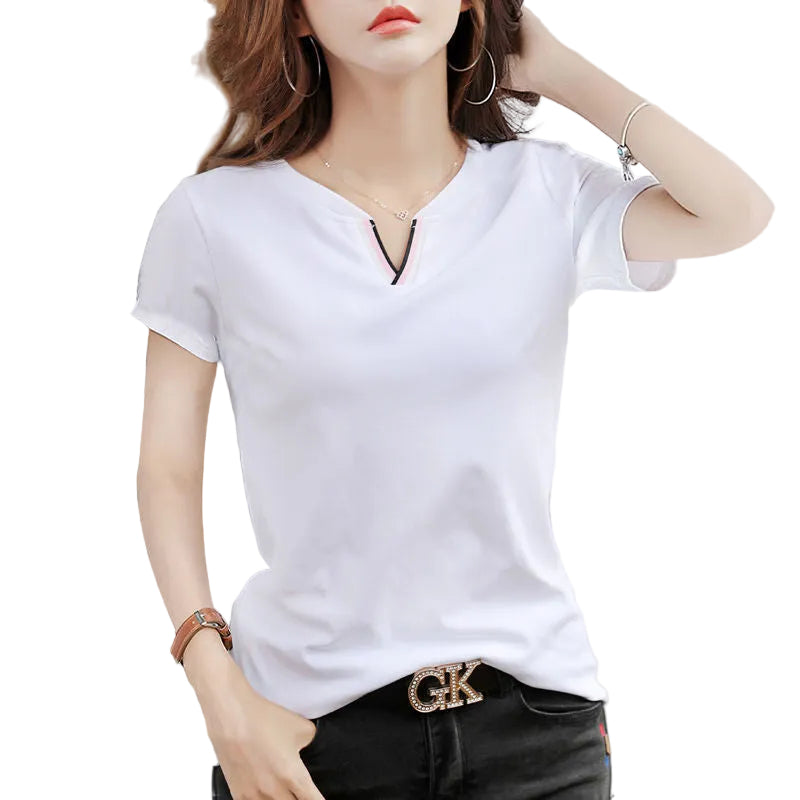 Close-up of the soft ribbed cotton fabric texture on the women's top