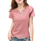 Detail of the elegant V-neck collar on the Korean fashion t-shirt