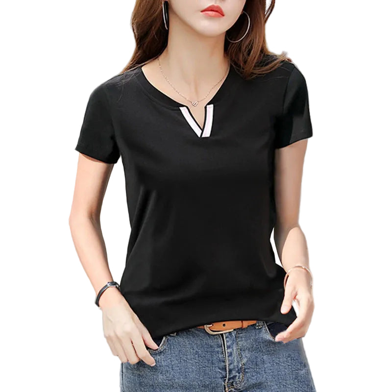 Side profile of a model wearing the slim-fit cotton short-sleeve top