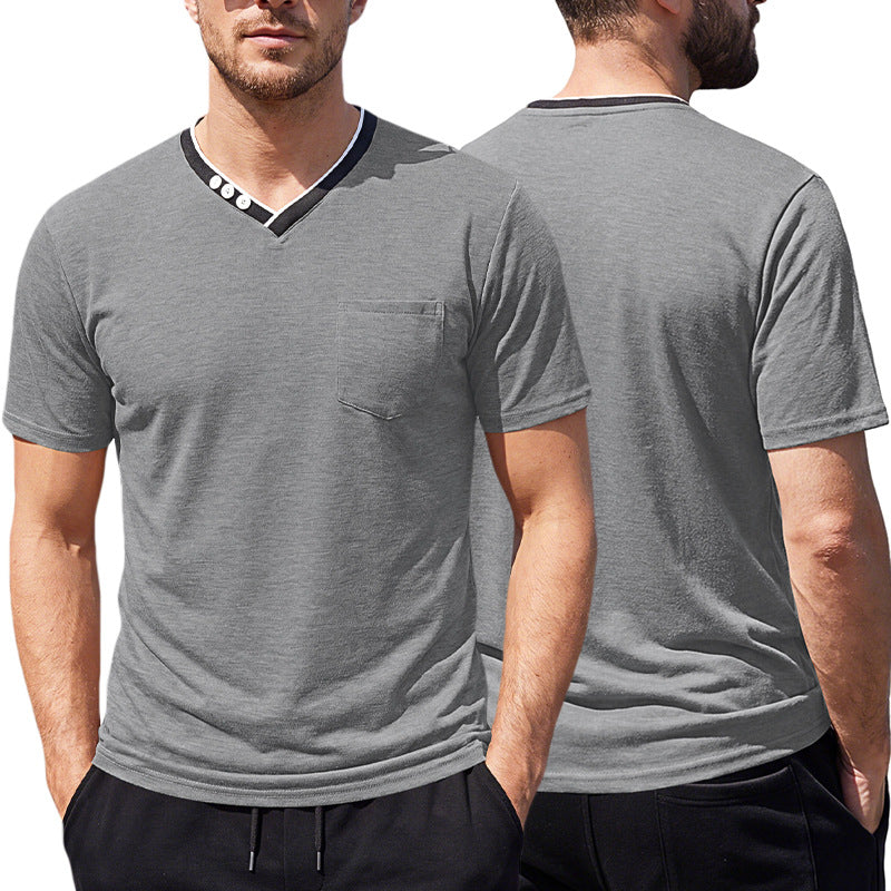 Close-up of the smooth polyester fabric texture on the v-neck tee