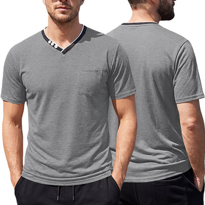Close-up of the smooth polyester fabric texture on the v-neck tee