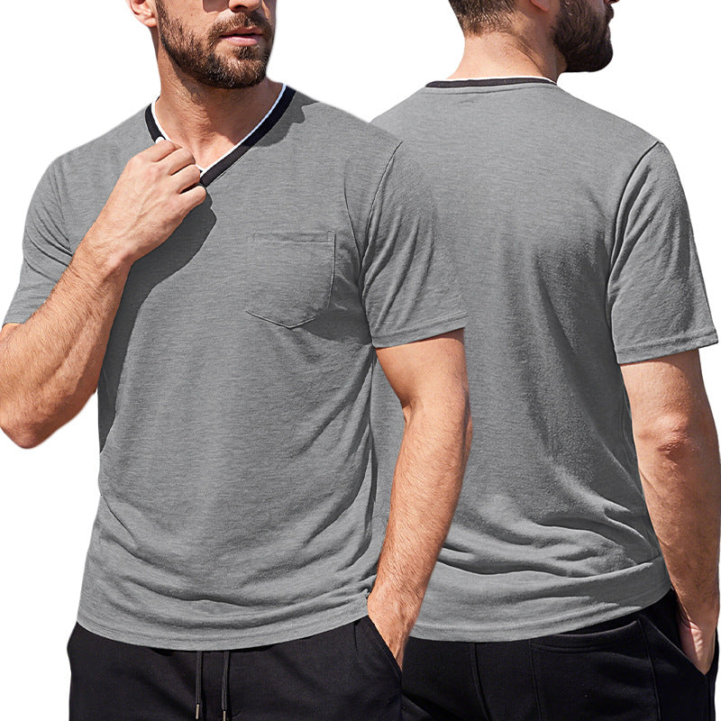 Detail of the ribbed v-neck collar on the men's casual shirt