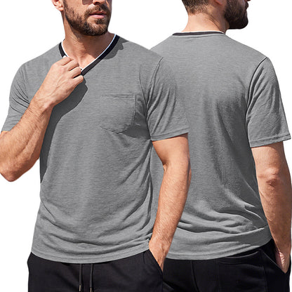 Detail of the ribbed v-neck collar on the men's casual shirt