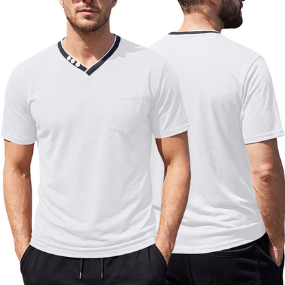 Side profile of a model wearing the relaxed-fit v-neck pullover