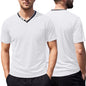 Side profile of a model wearing the relaxed-fit v-neck pullover
