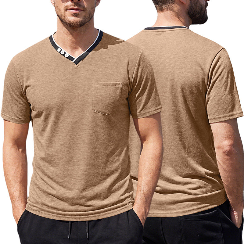 Flat lay styling of the men's Henry polyester v-neck t-shirt