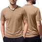Flat lay styling of the men's Henry polyester v-neck t-shirt