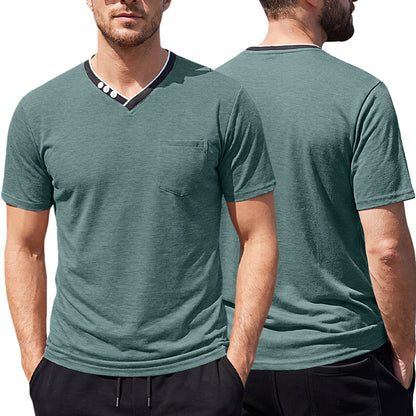 Close-up of short sleeve hem and clean stitching on the polyester tee