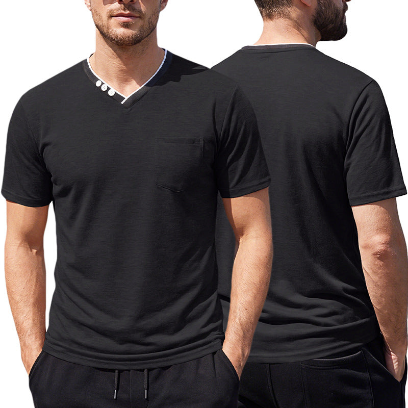 Model wearing the polyester v-neck tee for an outdoor casual look