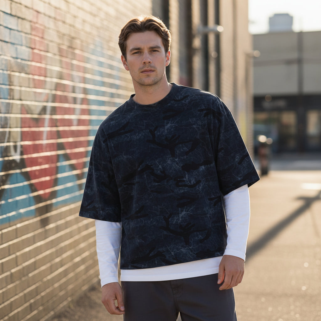 Front view of the men's camouflage crew-neck short-sleeve cotton t-shirt