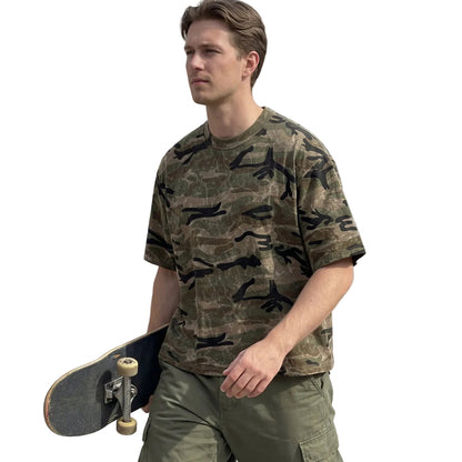 Close-up of the durable camo print fabric texture on the cotton tee