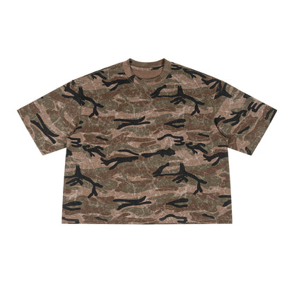 Close-up of short sleeve hem and double-stitched seams on the camo tee