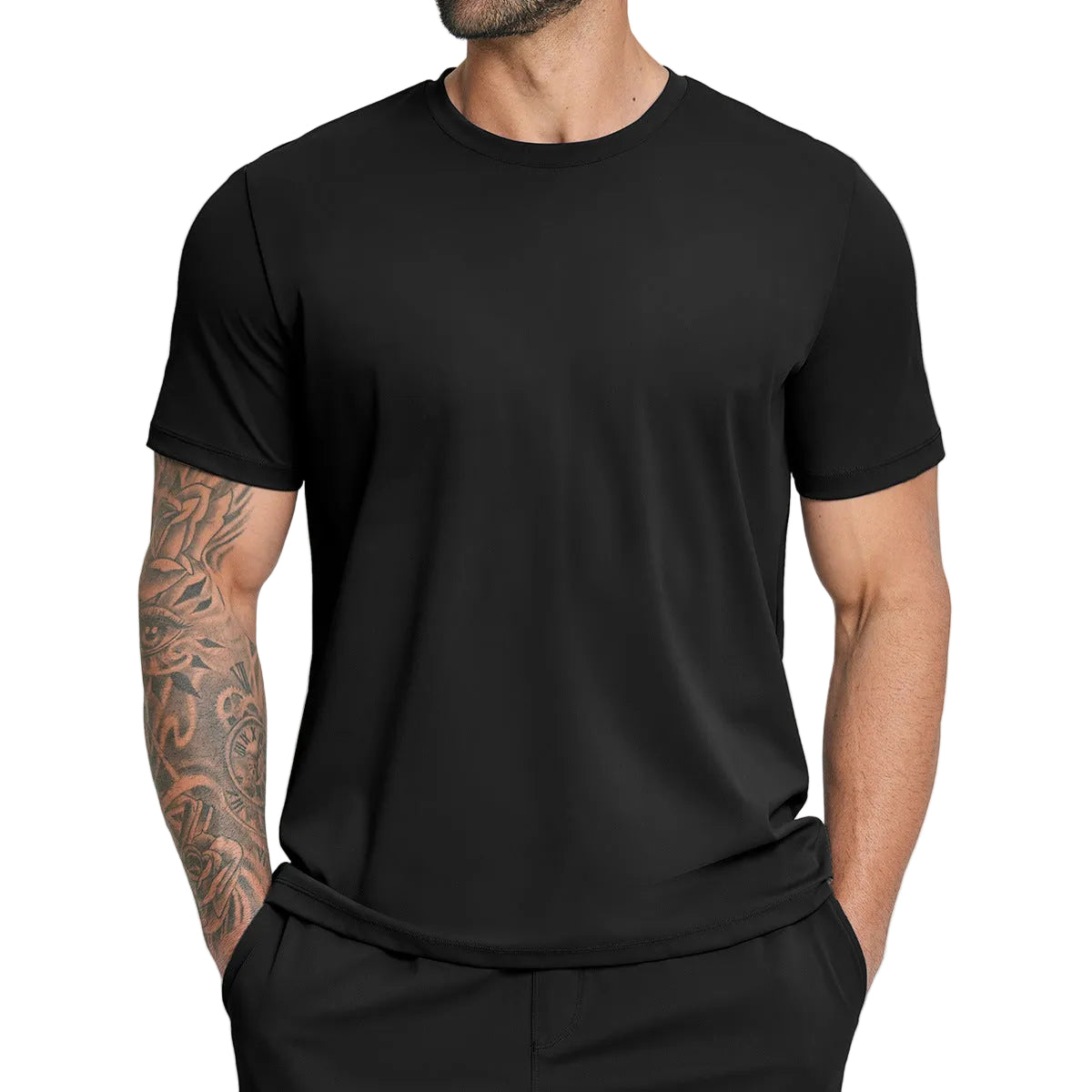 Side profile of an athlete wearing the slim-fit nylon training tee
