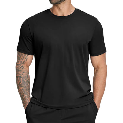 Side profile of an athlete wearing the slim-fit nylon training tee