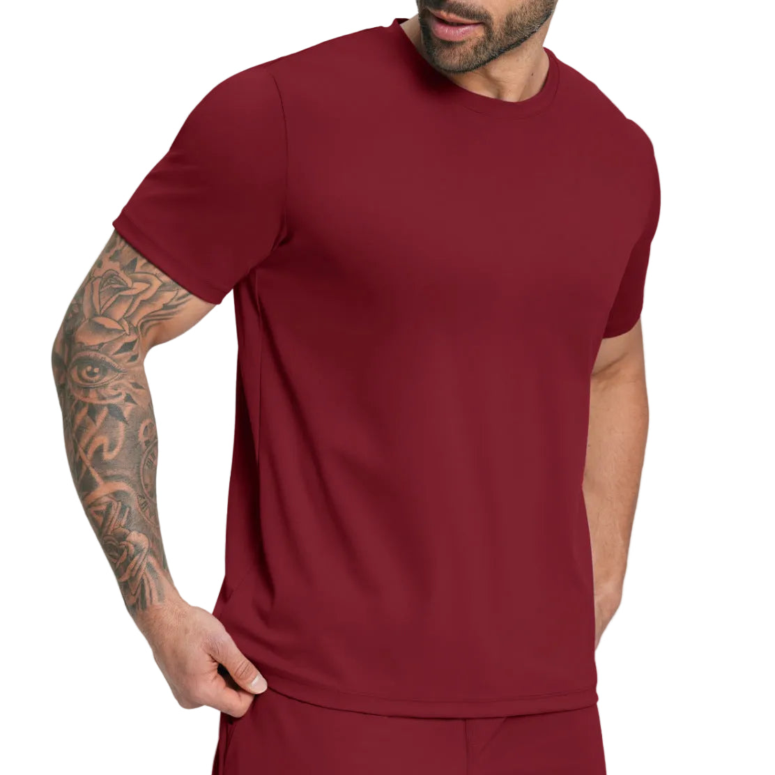 Flat lay styling of the men's casual crew-neck athletic workout top