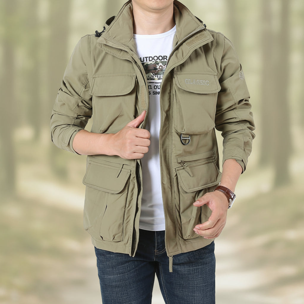 Front view of the men's outdoor mountaineering sportswear chemical fiber blended jacket