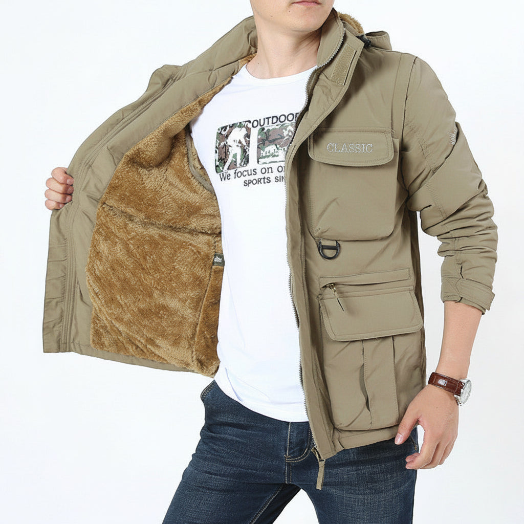 Close-up of the durable chemical fiber blended fabric texture on the jacket