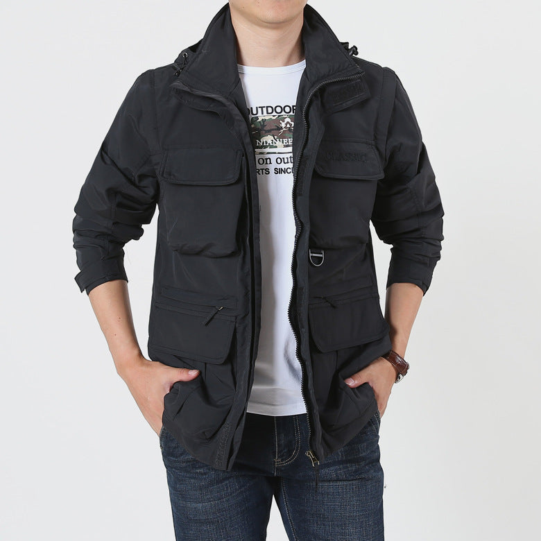 Detail of the high stand collar and weather-resistant hood on the outdoor jacket