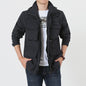 Detail of the high stand collar and weather-resistant hood on the outdoor jacket