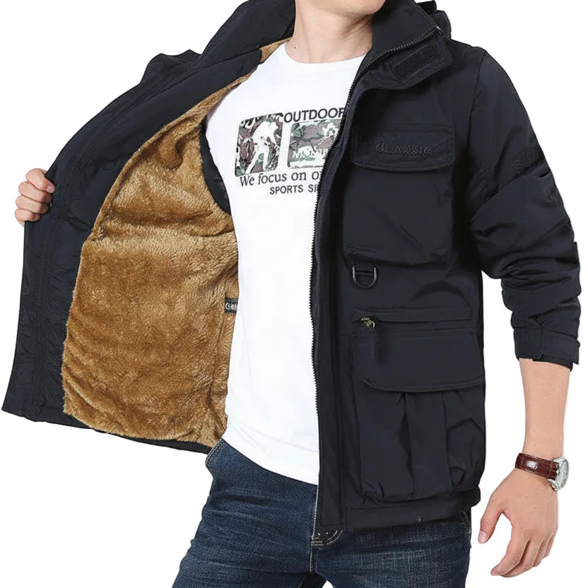 Flat lay styling of the men's outdoor mountaineering jacket