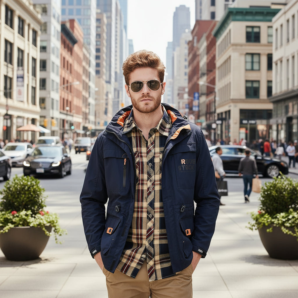Front view of the men's spring thin outdoor waterproof hooded stand collar jacket
