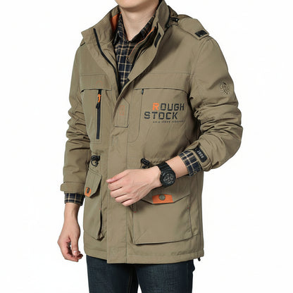 Close-up of the waterproof fabric texture and weather-resistant shell