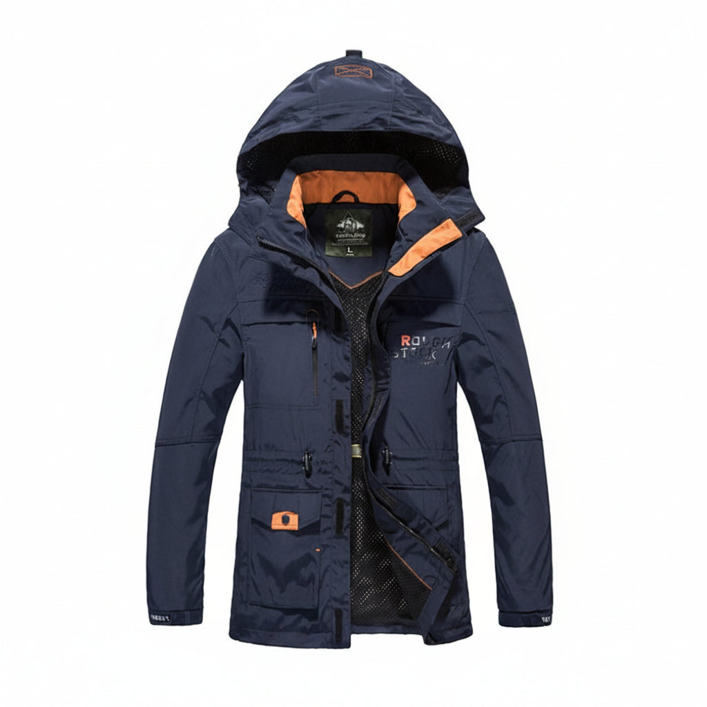 Detail of the stand collar and adjustable hood drawstrings