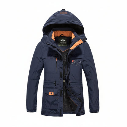 Detail of the stand collar and adjustable hood drawstrings