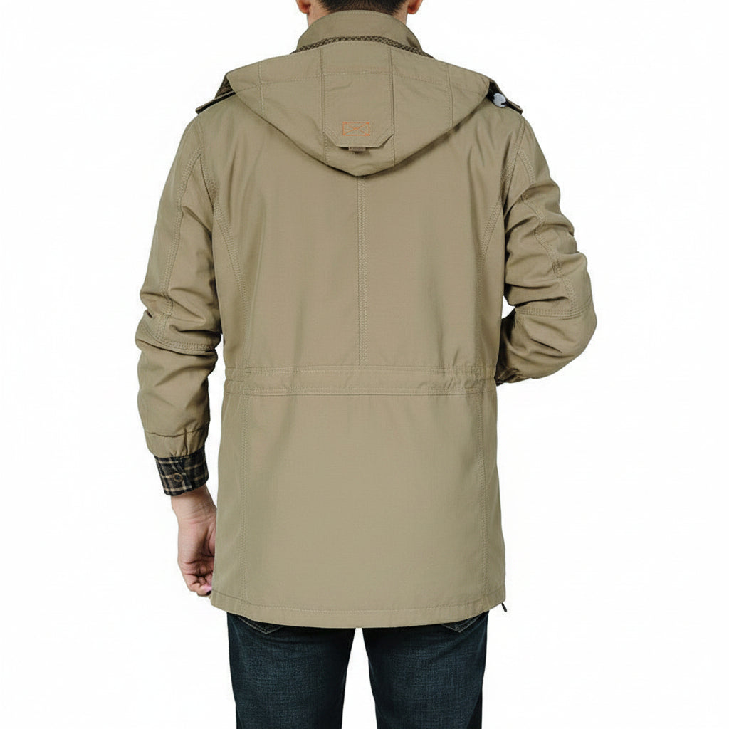 Side profile of a model wearing the breathable spring outdoor jacket