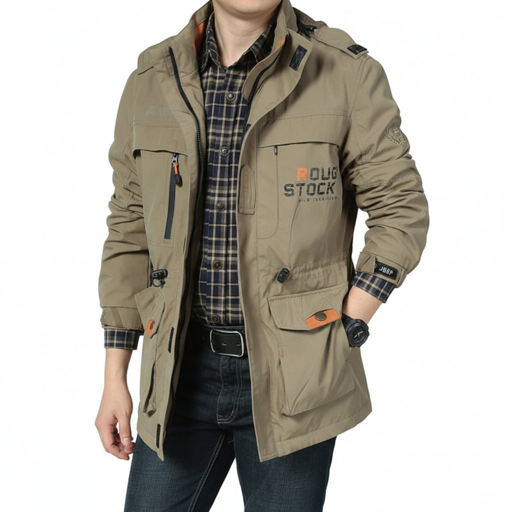 Flat lay styling of the men's lightweight waterproof hooded jacket