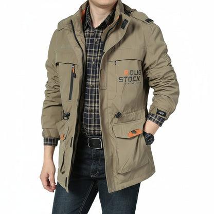 Flat lay styling of the men's lightweight waterproof hooded jacket