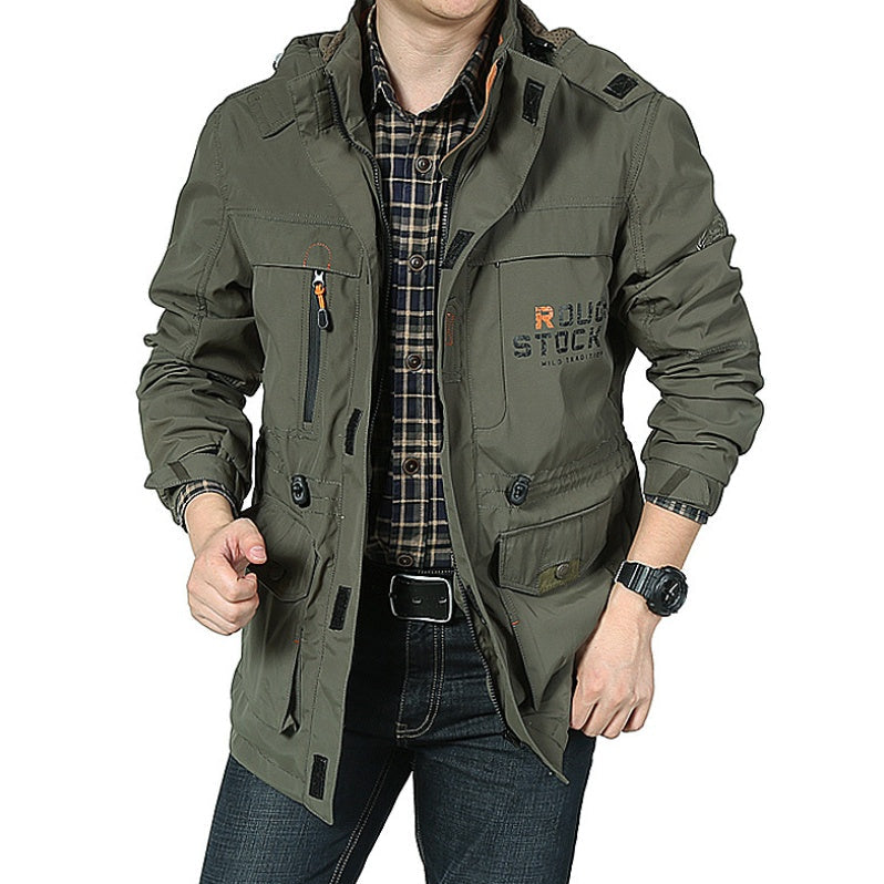 Close-up of sealed front zipper and waterproof pocket detailing