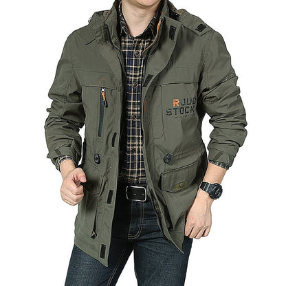 Close-up of sealed front zipper and waterproof pocket detailing