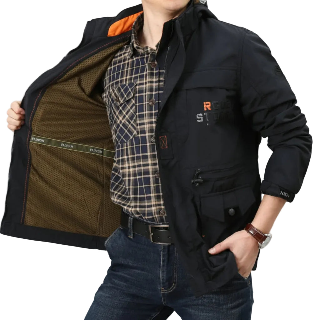 Model wearing the spring rain jacket during an outdoor hiking trip