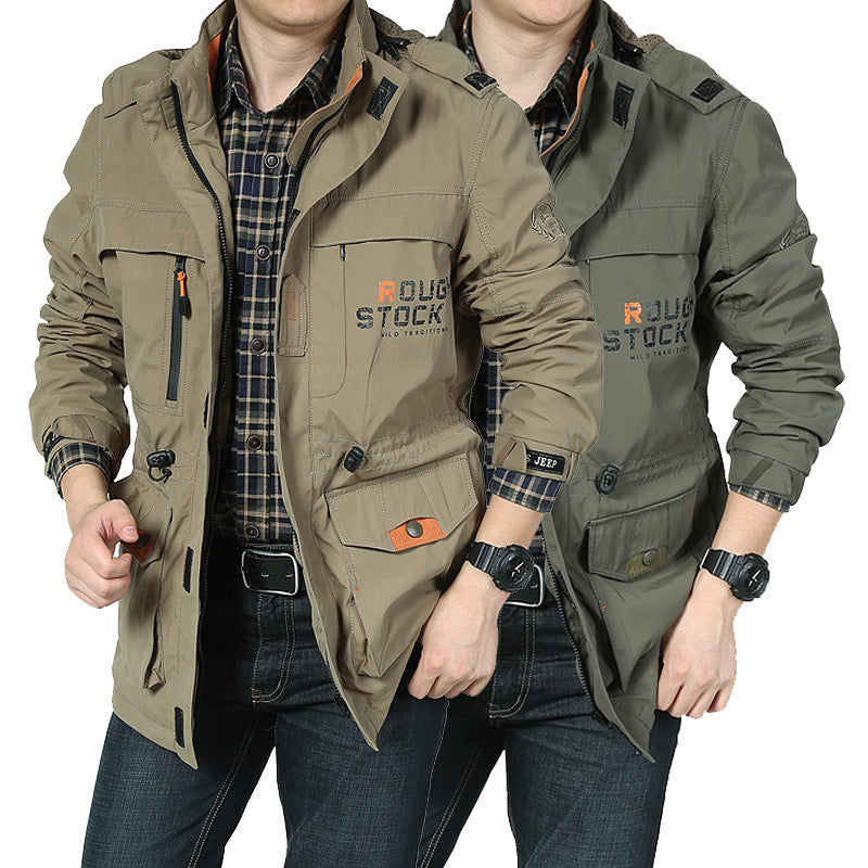 Indoor studio portrait of a man wearing the hooded stand collar jacket