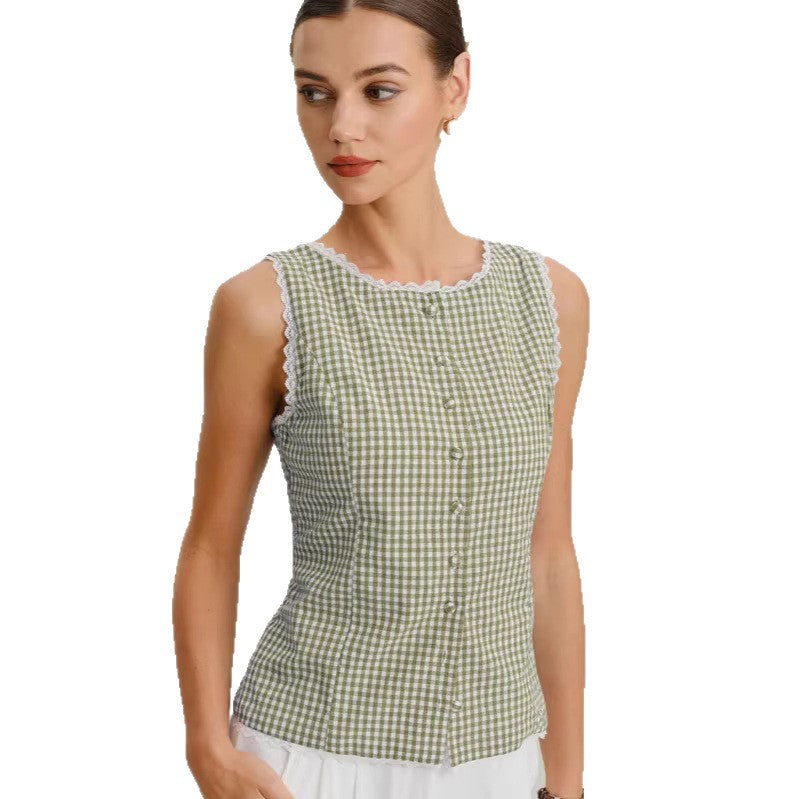 Close-up of the vintage plaid fabric pattern and soft cotton-blend texture