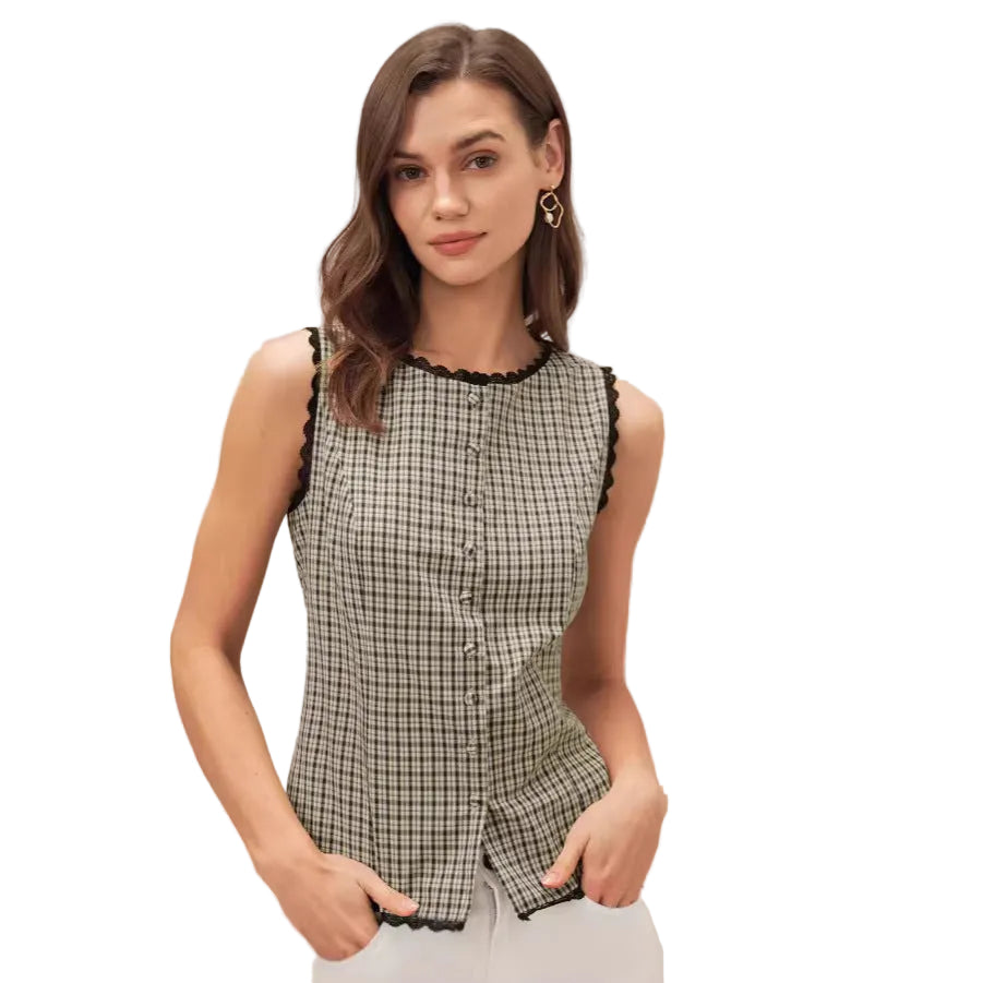Side profile of a model wearing the retro plaid sleeveless top