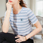 Front view of the women's striped round neck butterfly embroidered short-sleeve slim t-shirt
