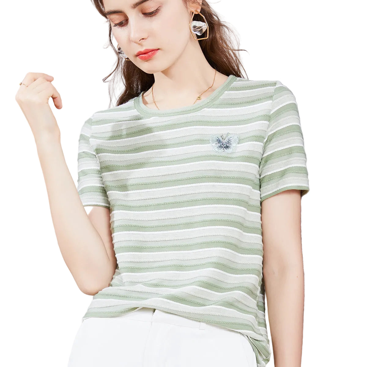 Back view of the slim-fit striped t-shirt with embroidery for women