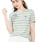 Back view of the slim-fit striped t-shirt with embroidery for women