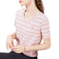 Detail of the classic round neckline and ribbed collar on the striped top
