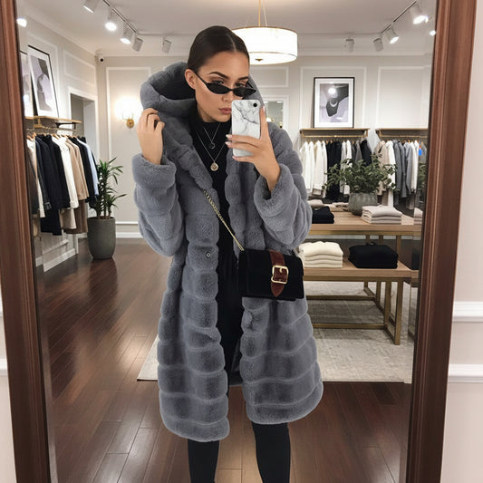 Front view of the winter white big solid jacket women's long coat